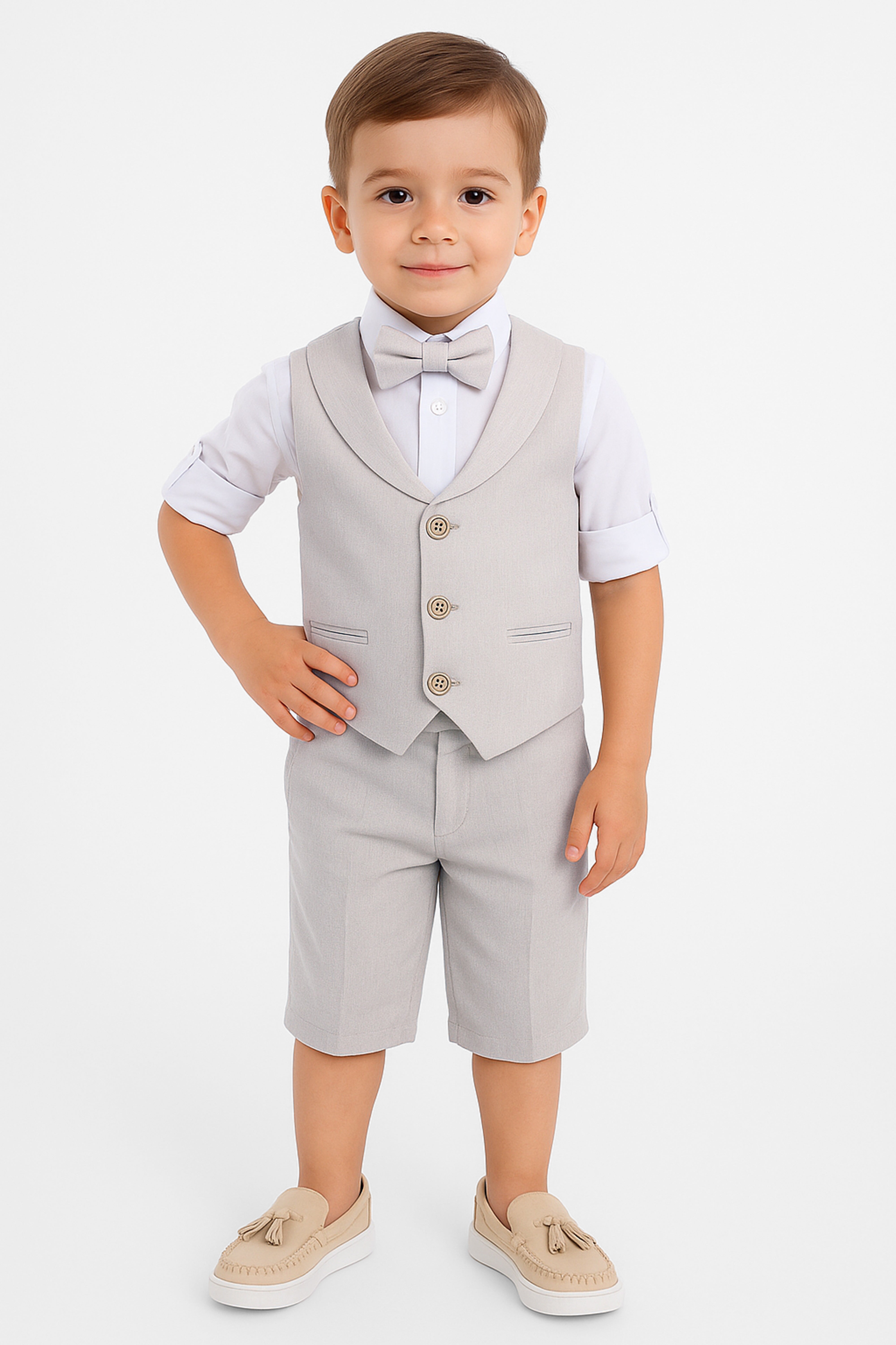 Baby & Boys 4-Piece Cotton-Linen Waistcoat Shorts Suit Set - Light Beige Front Picture