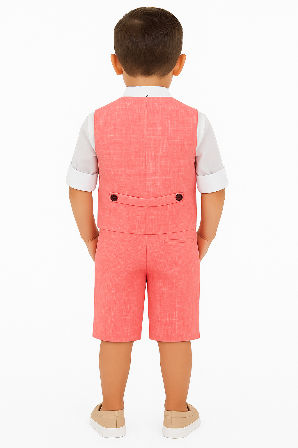 Baby & Boys 4-Piece Cotton-Linen Waistcoat Shorts Suit Set - Red Model Back Picture