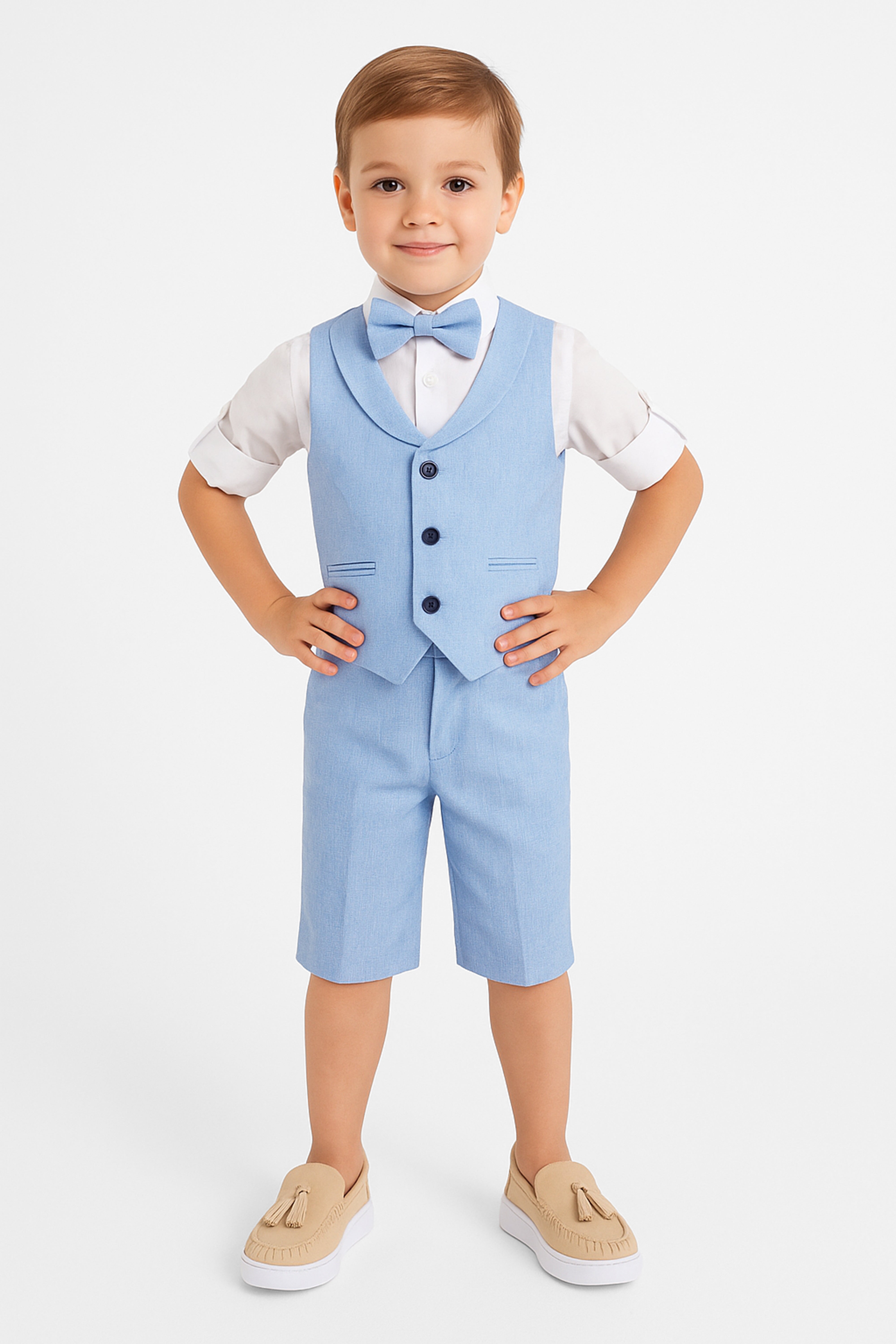 Baby & Boys 4-Piece Cotton-Linen Waistcoat Shorts Suit Set - Sky Blue Model Picture