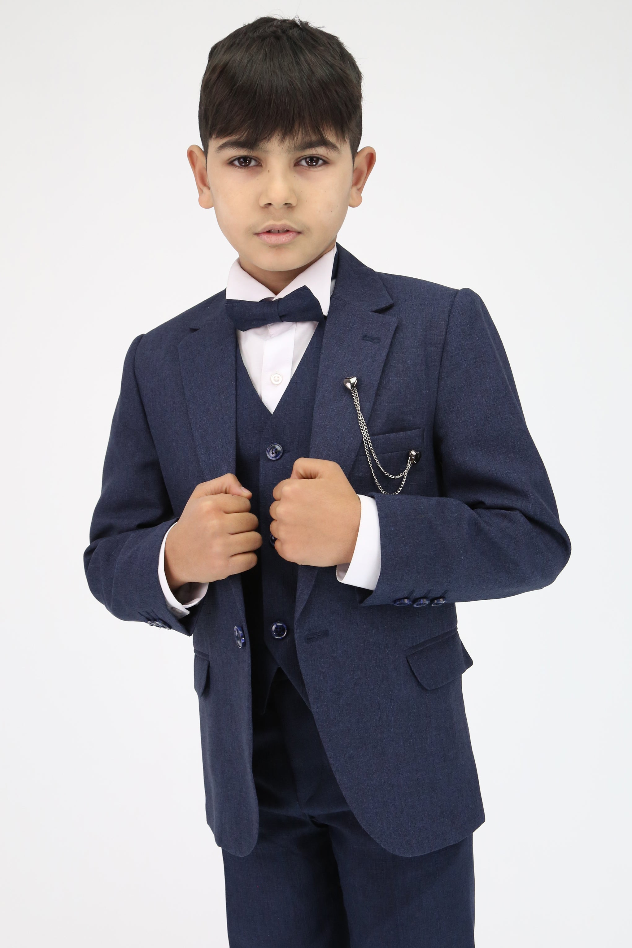 Boys Slim Fit Textured 8-Piece Formal Suit Set - Navy with Bow Tie