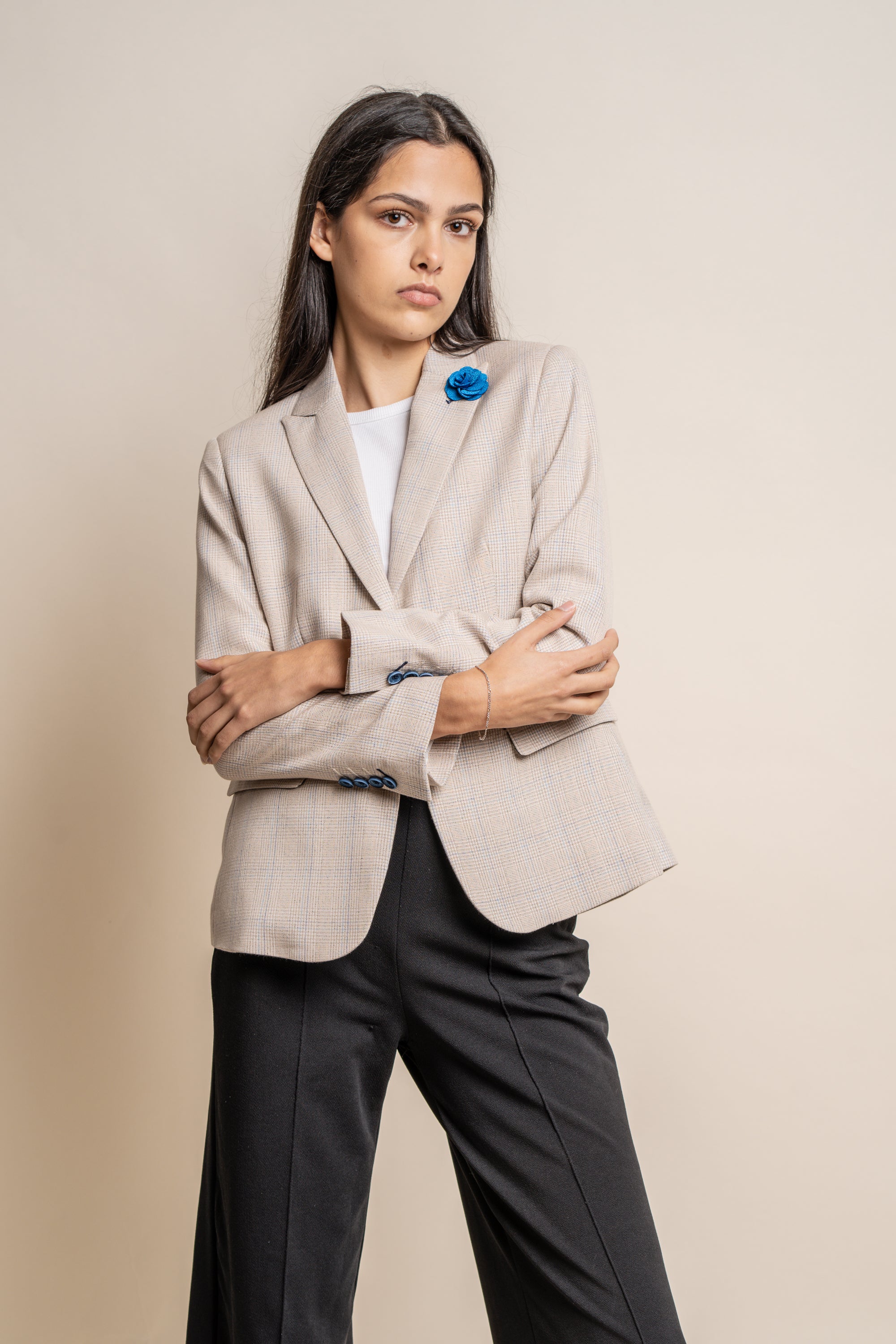 Blazer entallado de cuadros Glen para mujer - CARIDI - Beige