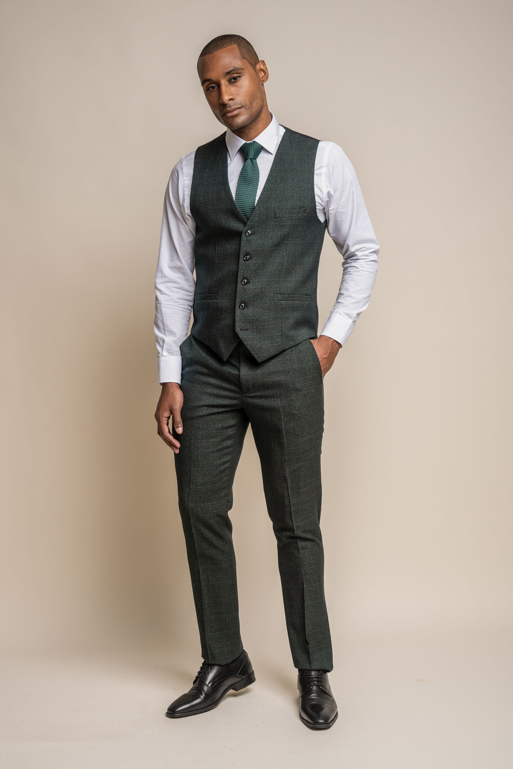 Men's Tweed Glen Check Slim Fit Formal Waistcoat - CARIDI - Olive Green