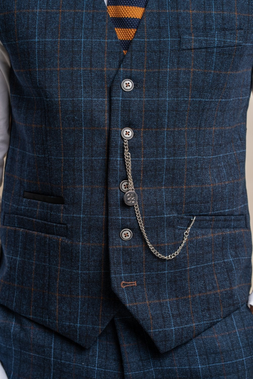 Men's Windowpane Check Tweed Blue Waistcoat - CODY - Navy Blue