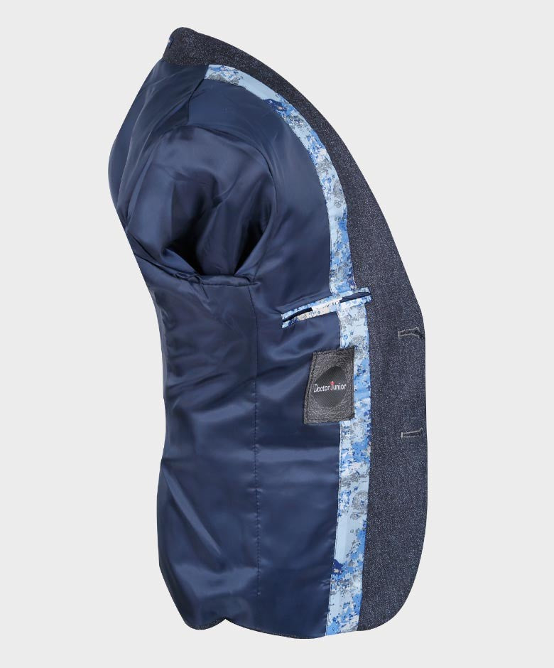 Boys Tailored Fit Herringbone Patterned Suit - TONY - Navy Blue- Grey