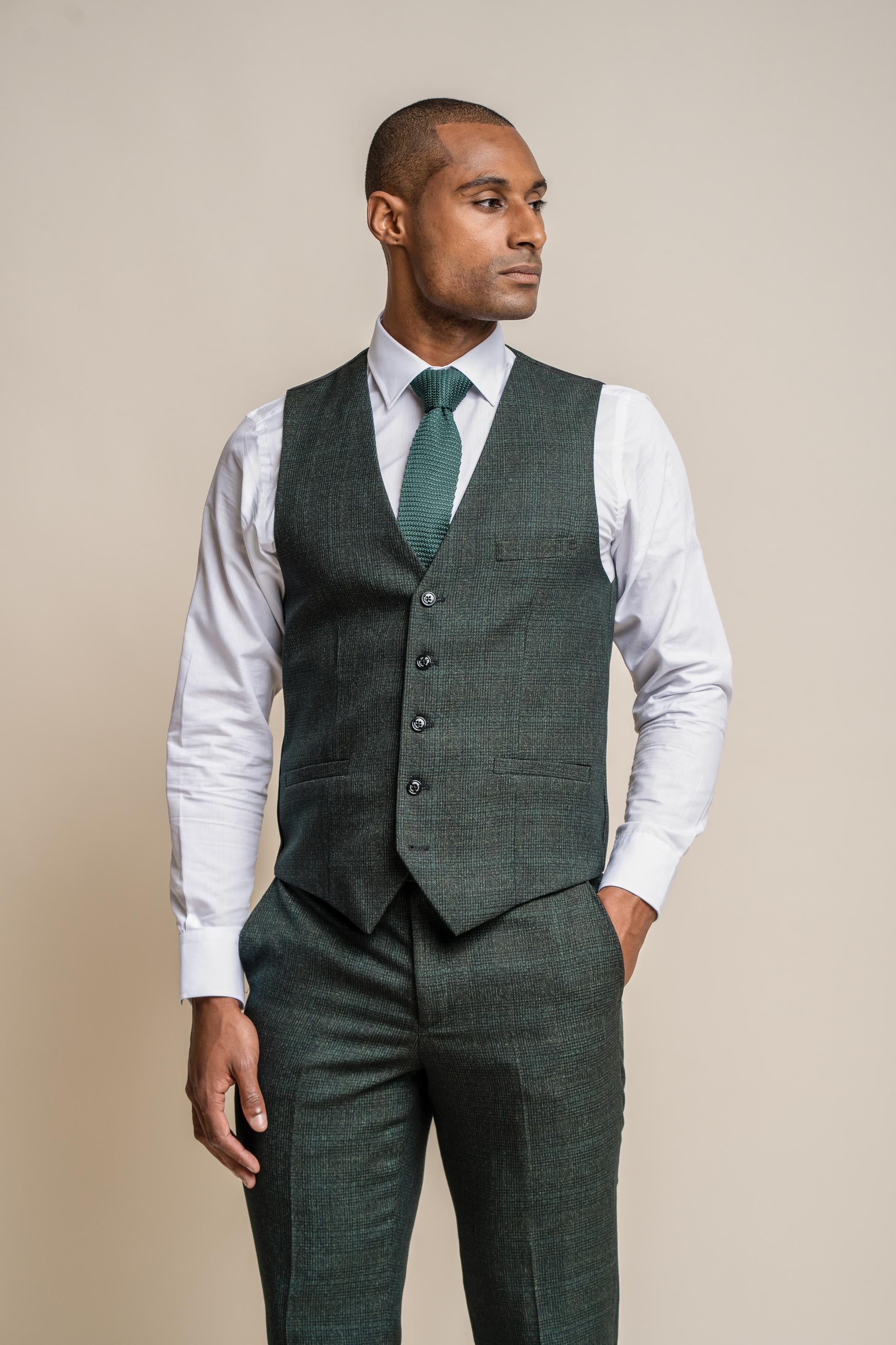 Men's Tweed Glen Check Slim Fit Formal Waistcoat - CARIDI - Olive Green