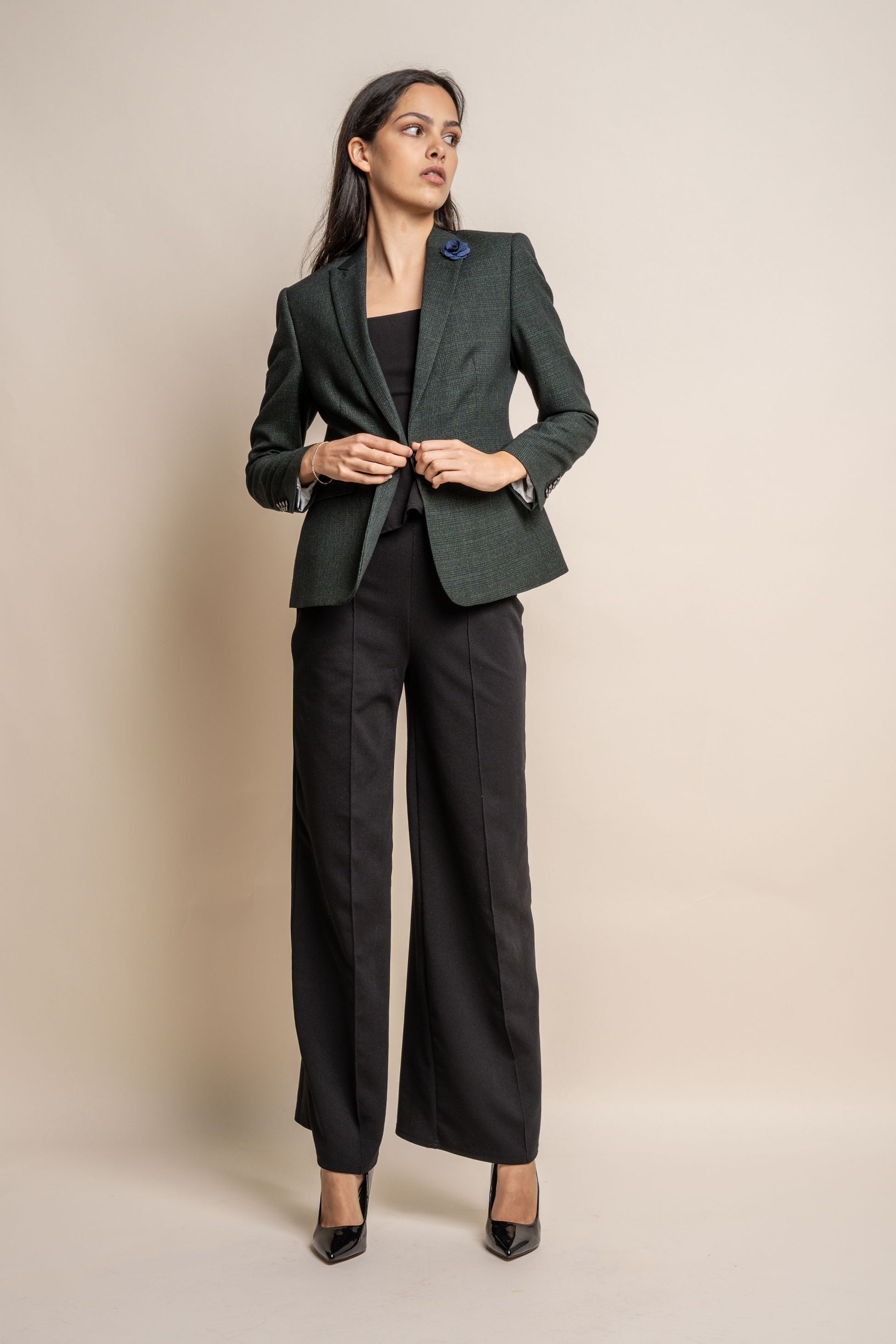 Blazer entallado de cuadro Glen para mujer - CARIDI - Verde oliva