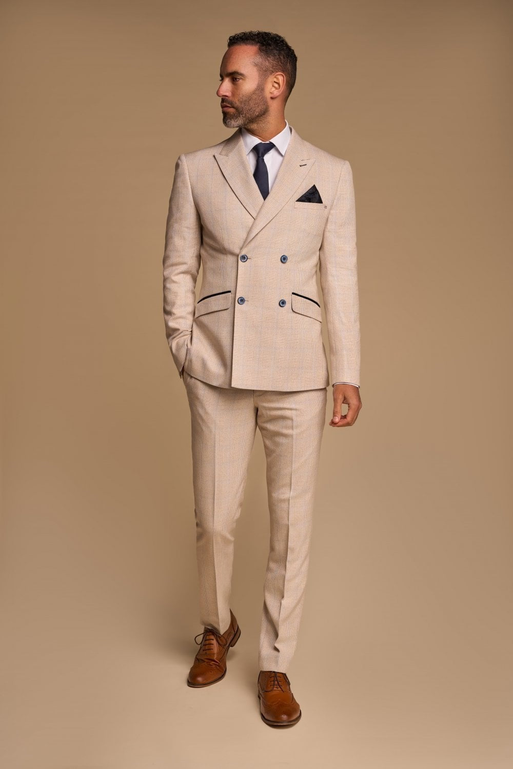 Men's 2-Piece Glen Check Double Breasted Suit - CARIDI - Beige