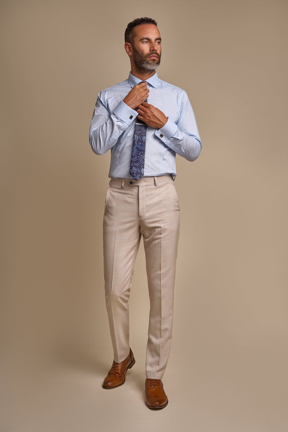 Men's 2-Piece Glen Check Double Breasted Suit - CARIDI - Beige