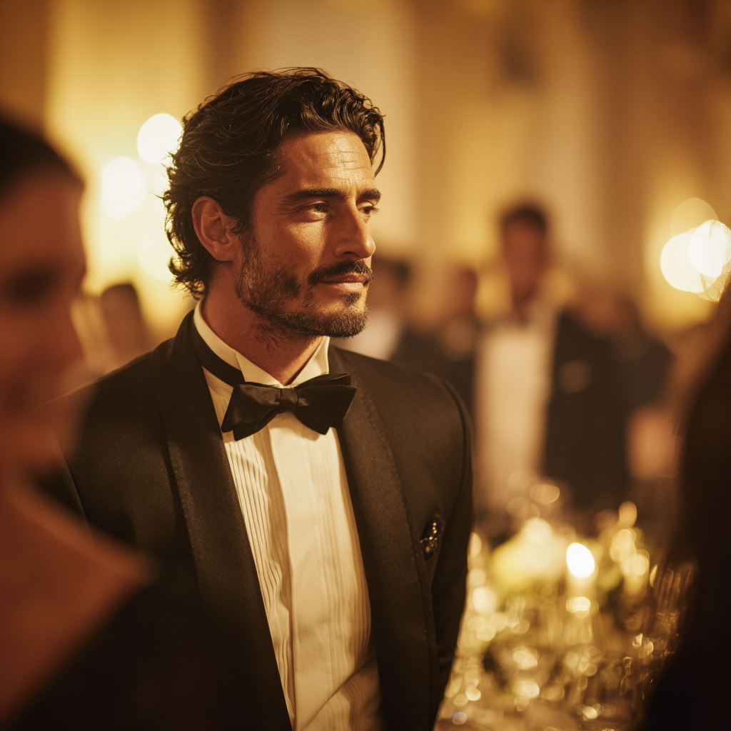 A man wearing a black tuxedo with white dress shirt and bow tie attending a gala