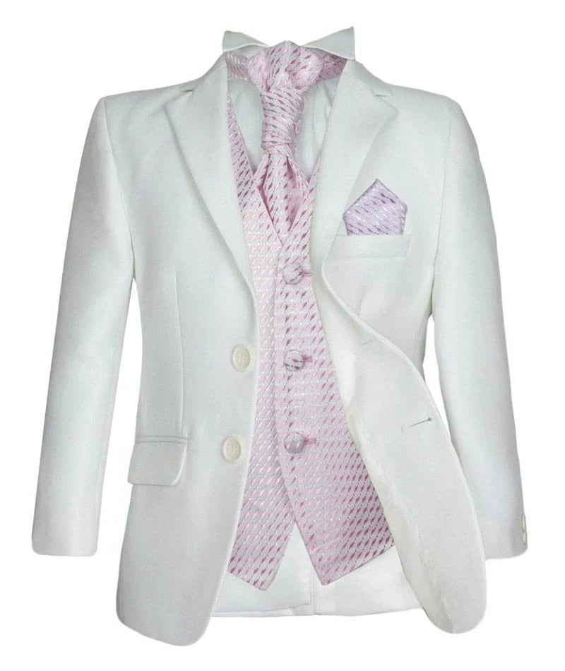 Baby & Boys Wedding Prom Pageboy Suit, Choice Of Waistcoat 5PC - Cream - Pink