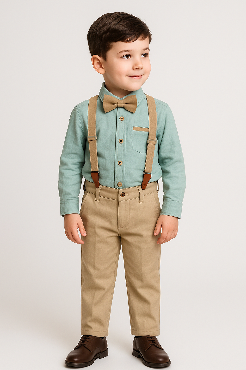 Baby & Boys 4-Piece Cotton Gentleman Outfit Set - OXFORD Sage Green and Beige Modle Picture