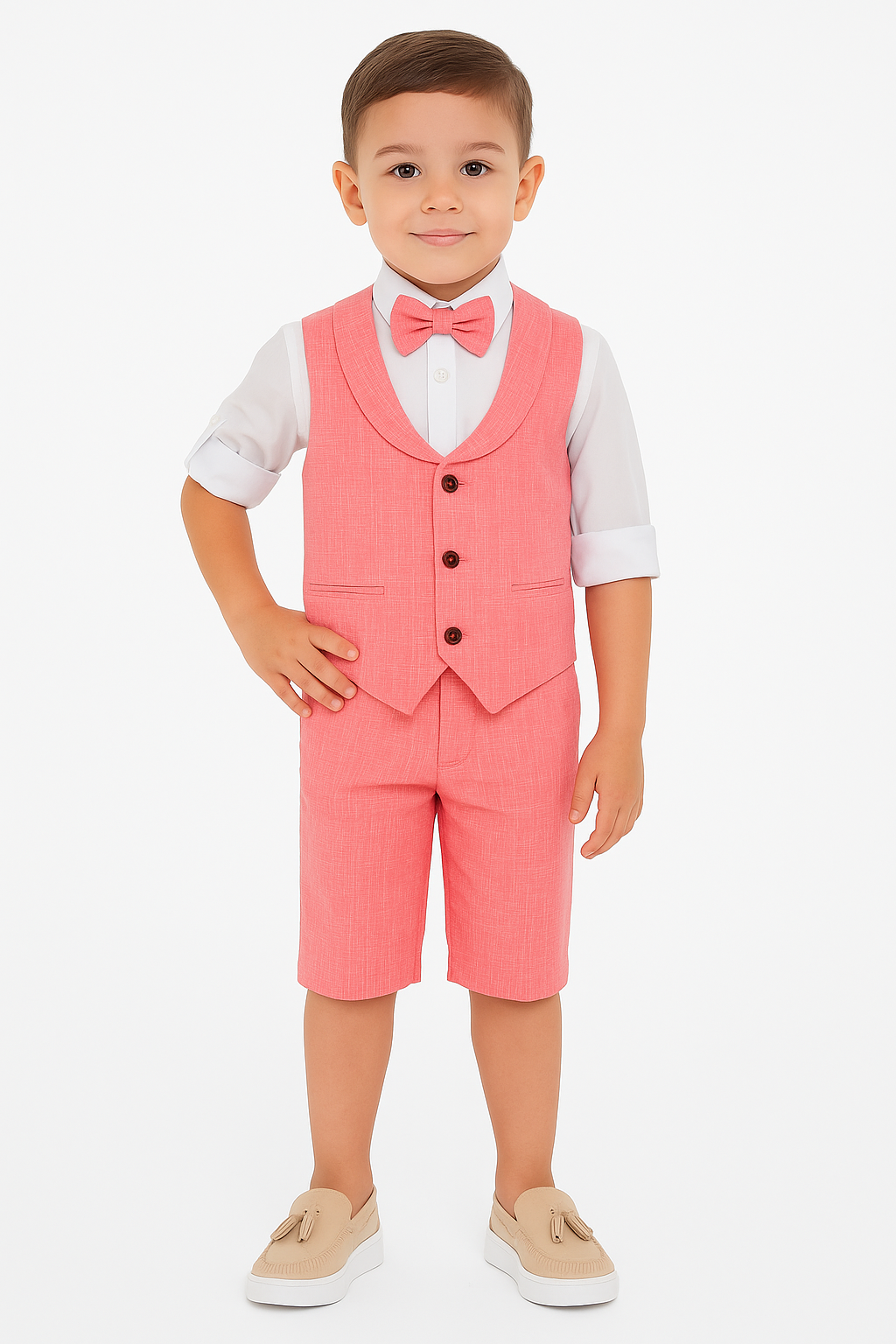 Baby & Boys 4-Piece Cotton-Linen Waistcoat Shorts Suit Set - Red Model Picture