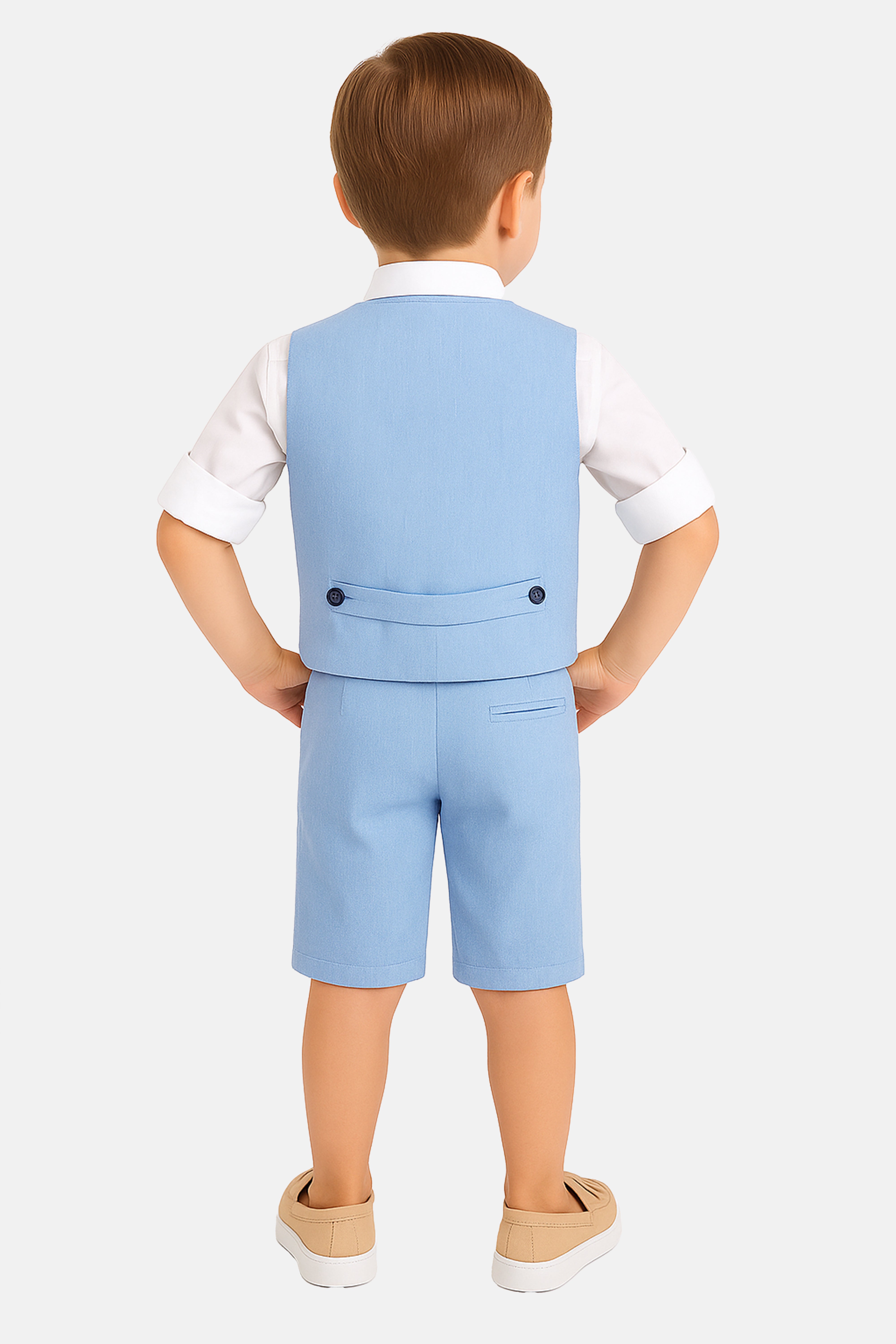 Baby & Boys 4-Piece Cotton-Linen Waistcoat Shorts Suit Set - Sky Blue Model Back Picture