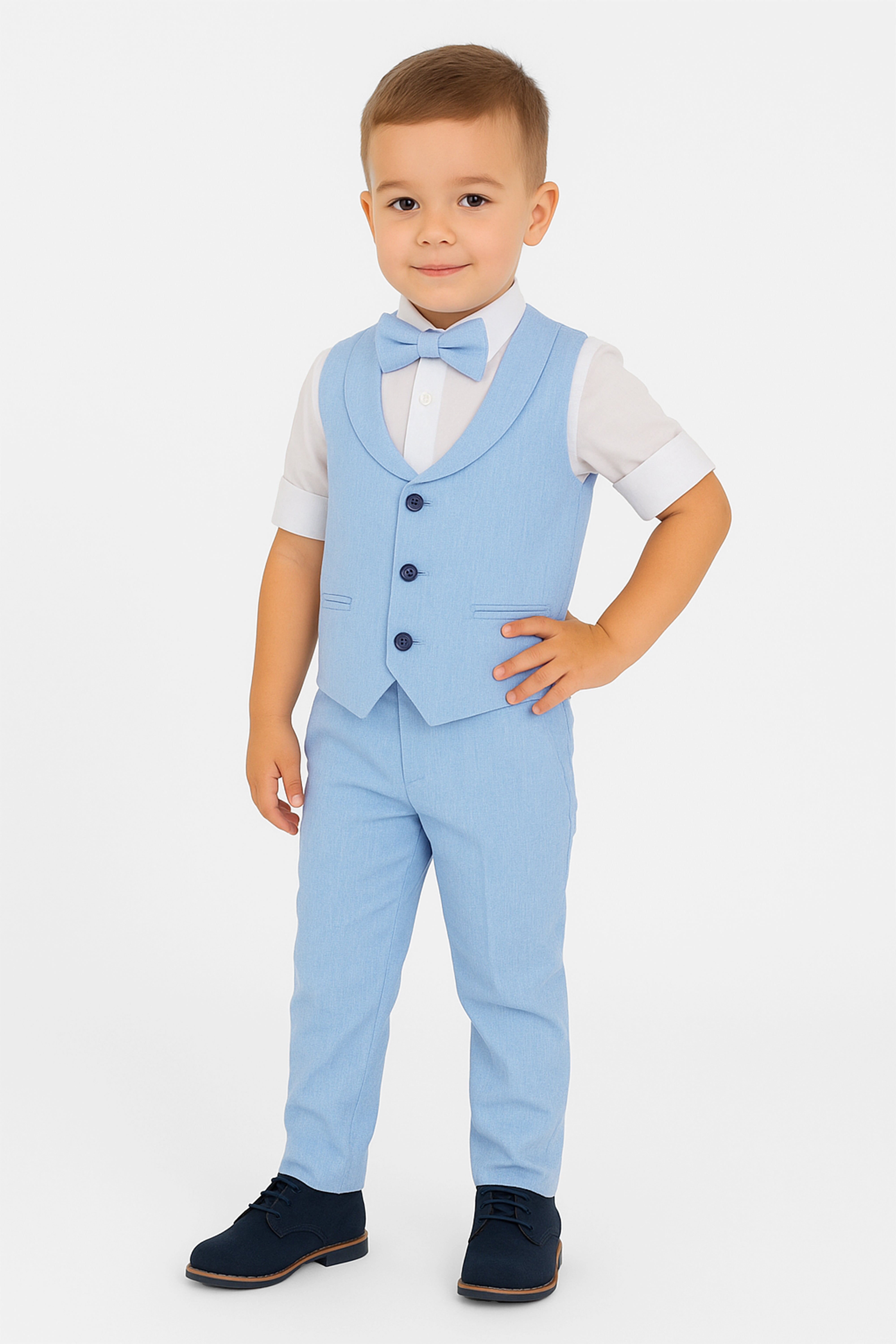 Baby & Boys 4-Piece Cotton-Linen Waistcoat Suit Set - Light Blue Model Picture
