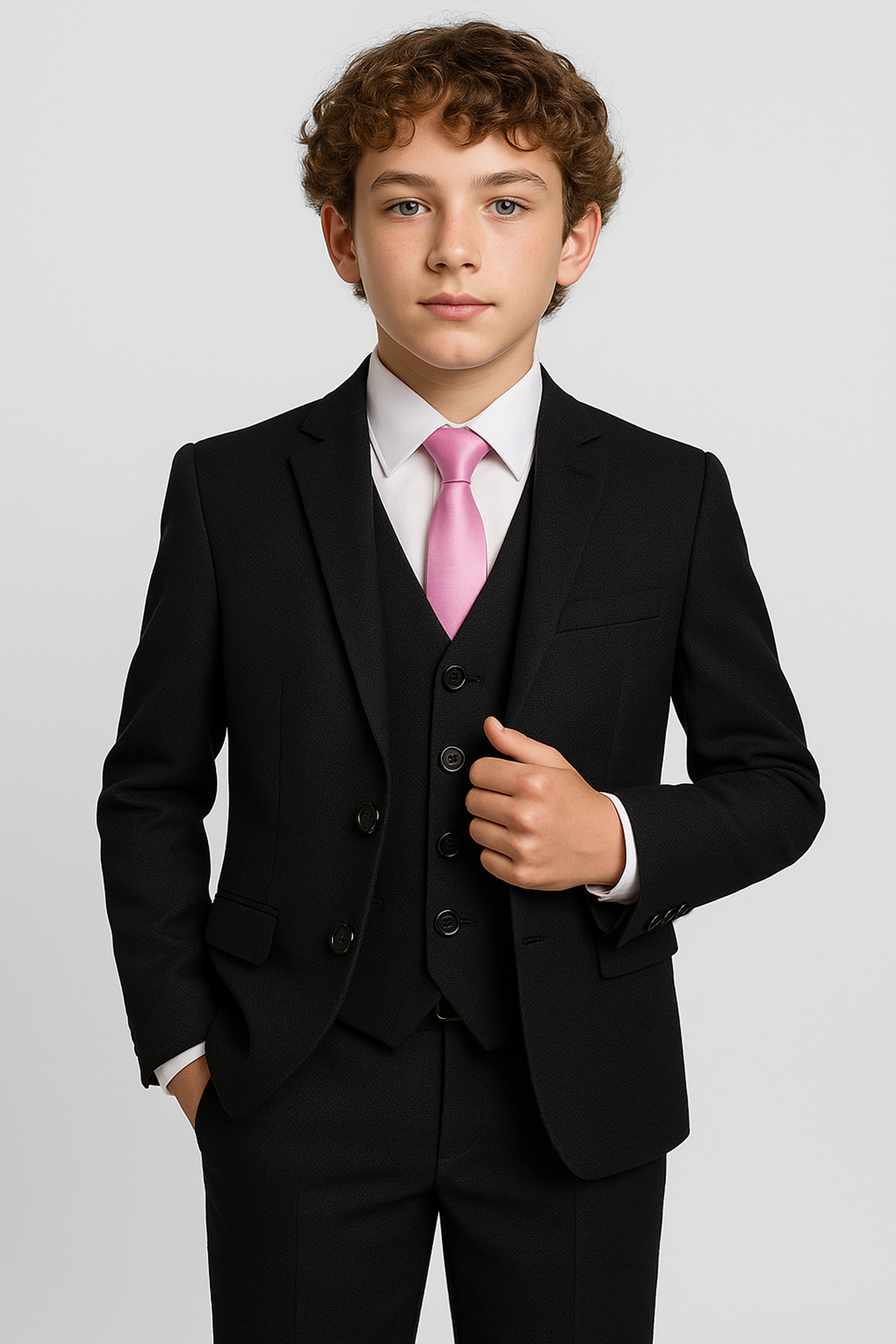 Boys Formal Black Suit-5 Pieces - Black Model Front Picture