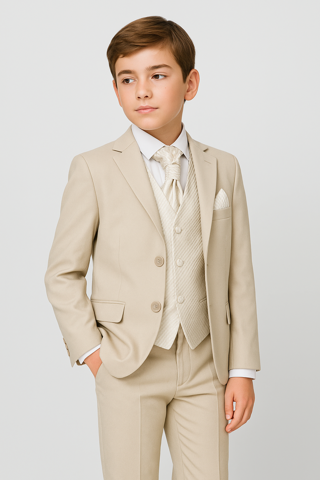Boys Beige Suit with Patterned Waistcoat and Cravat Set - Beige - Ivory
