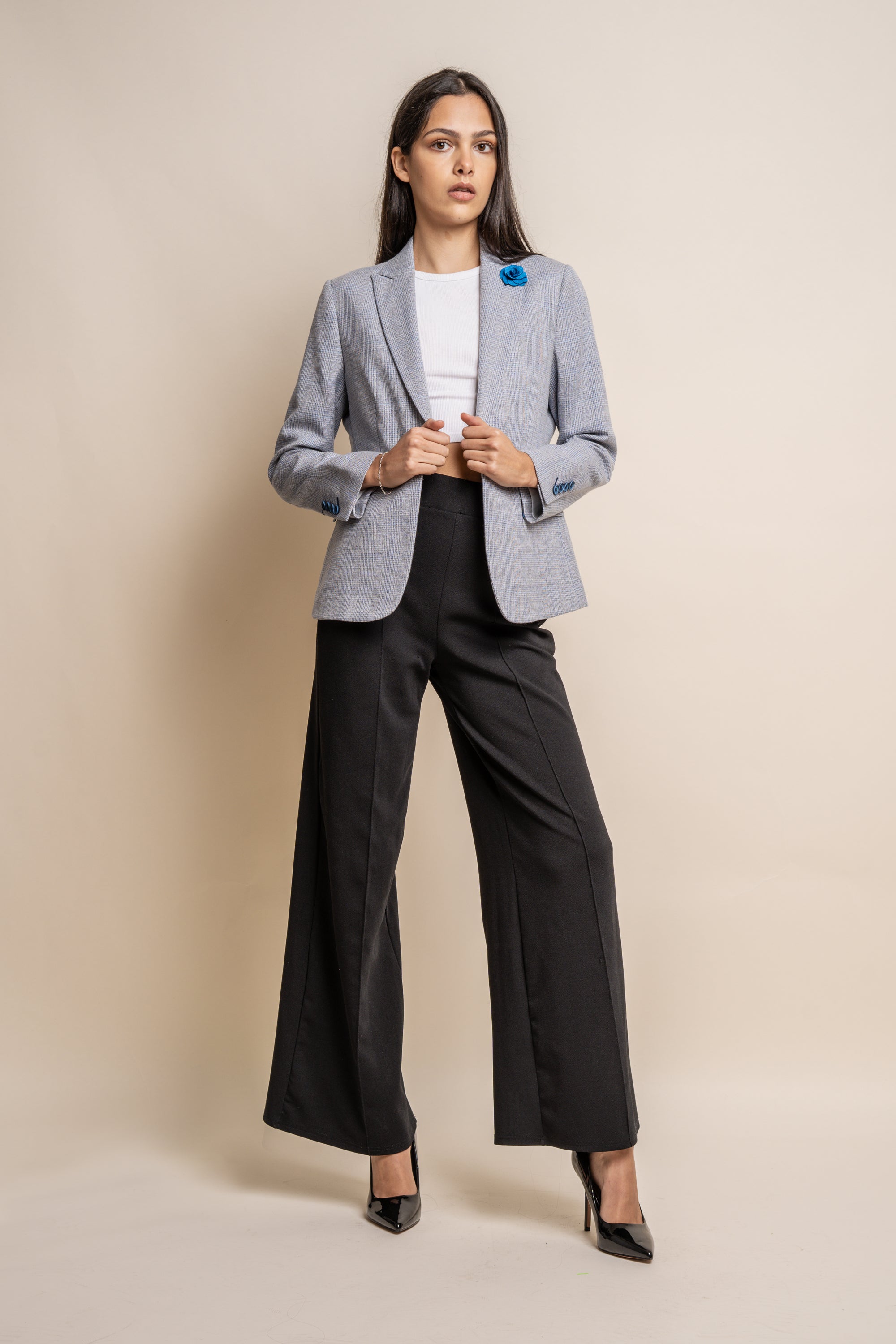 Blazer entallado de cuadros Glen para mujer - CARIDI - Azul cielo