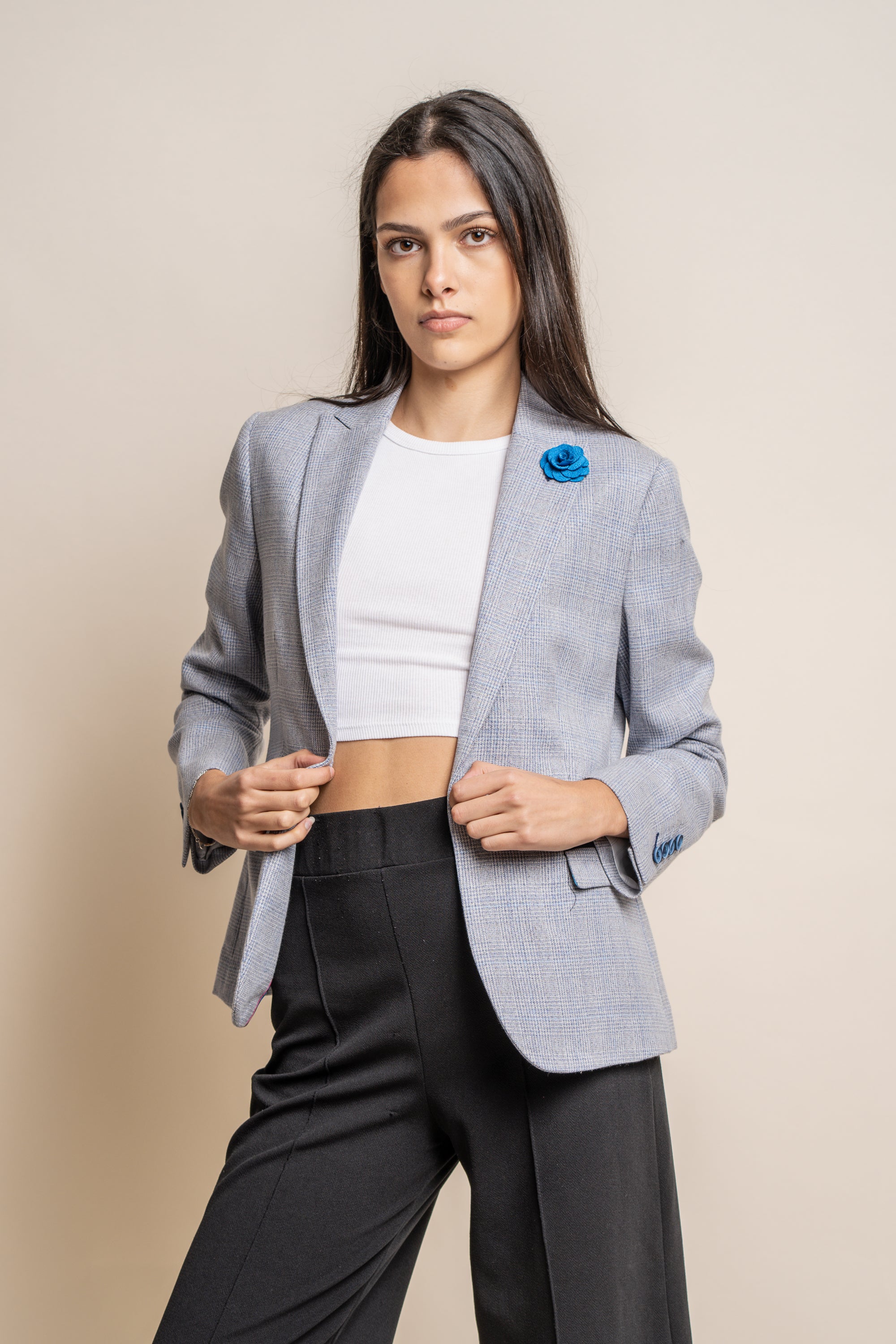 Blazer entallado de cuadros Glen para mujer - CARIDI - Azul cielo