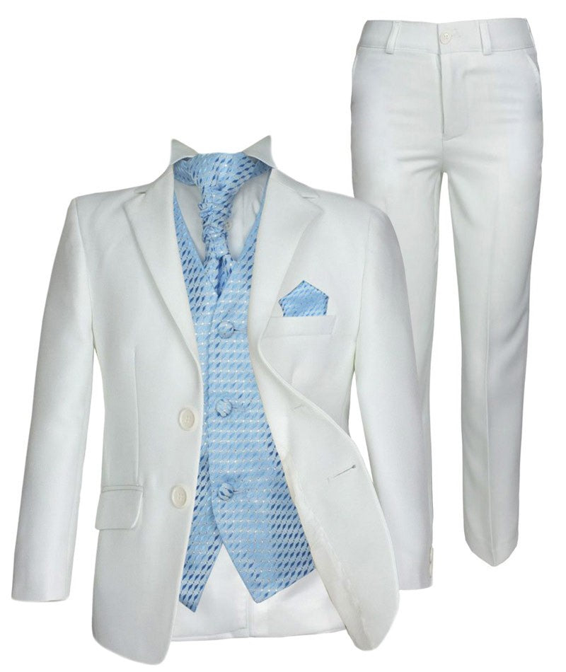 Baby & Boys Wedding Prom Pageboy Suit, Choice Of Waistcoat 5PC - Cream - Blue