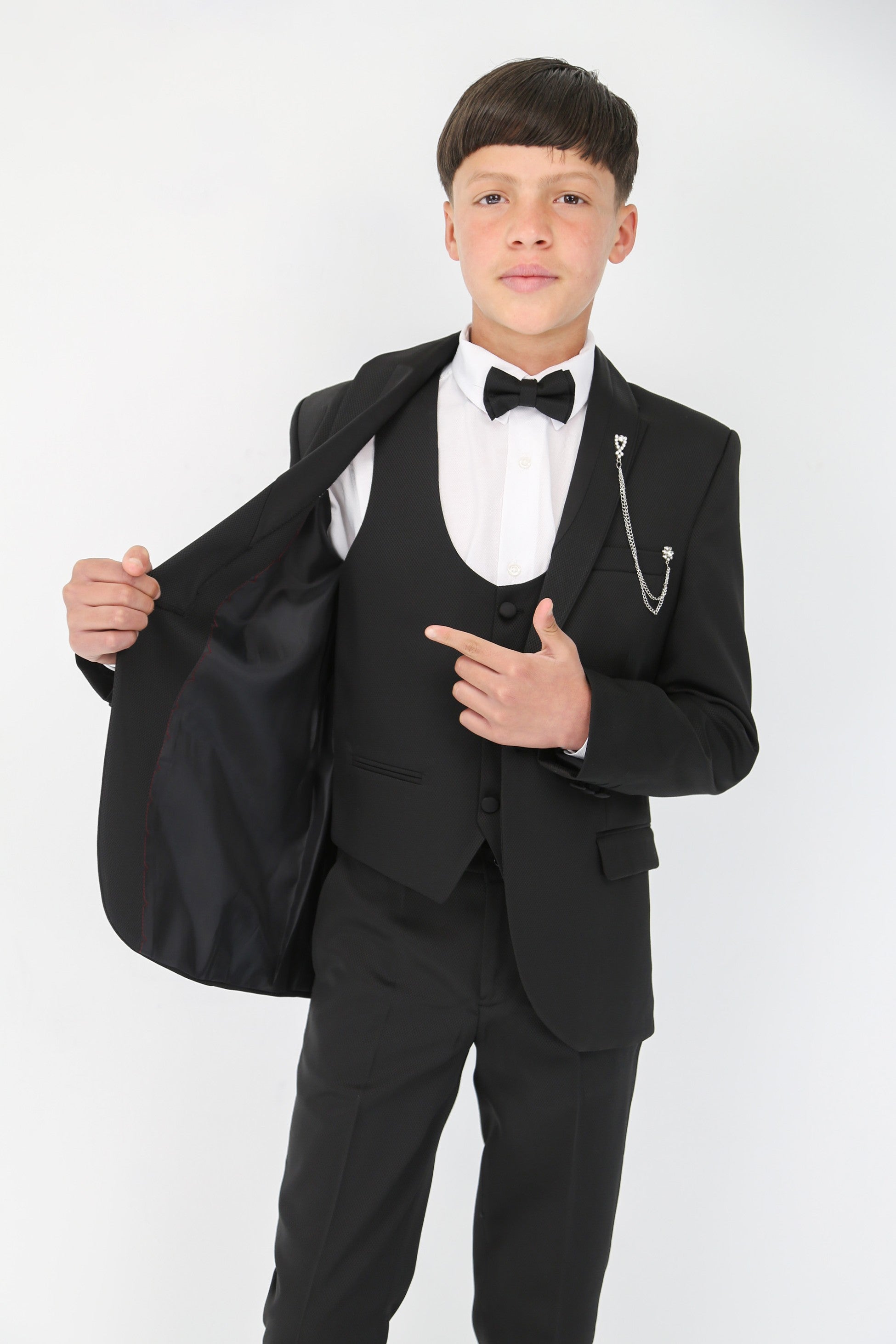 Boys 6-Piece Self-Patterned Tuxedo Dinner Suit - Black