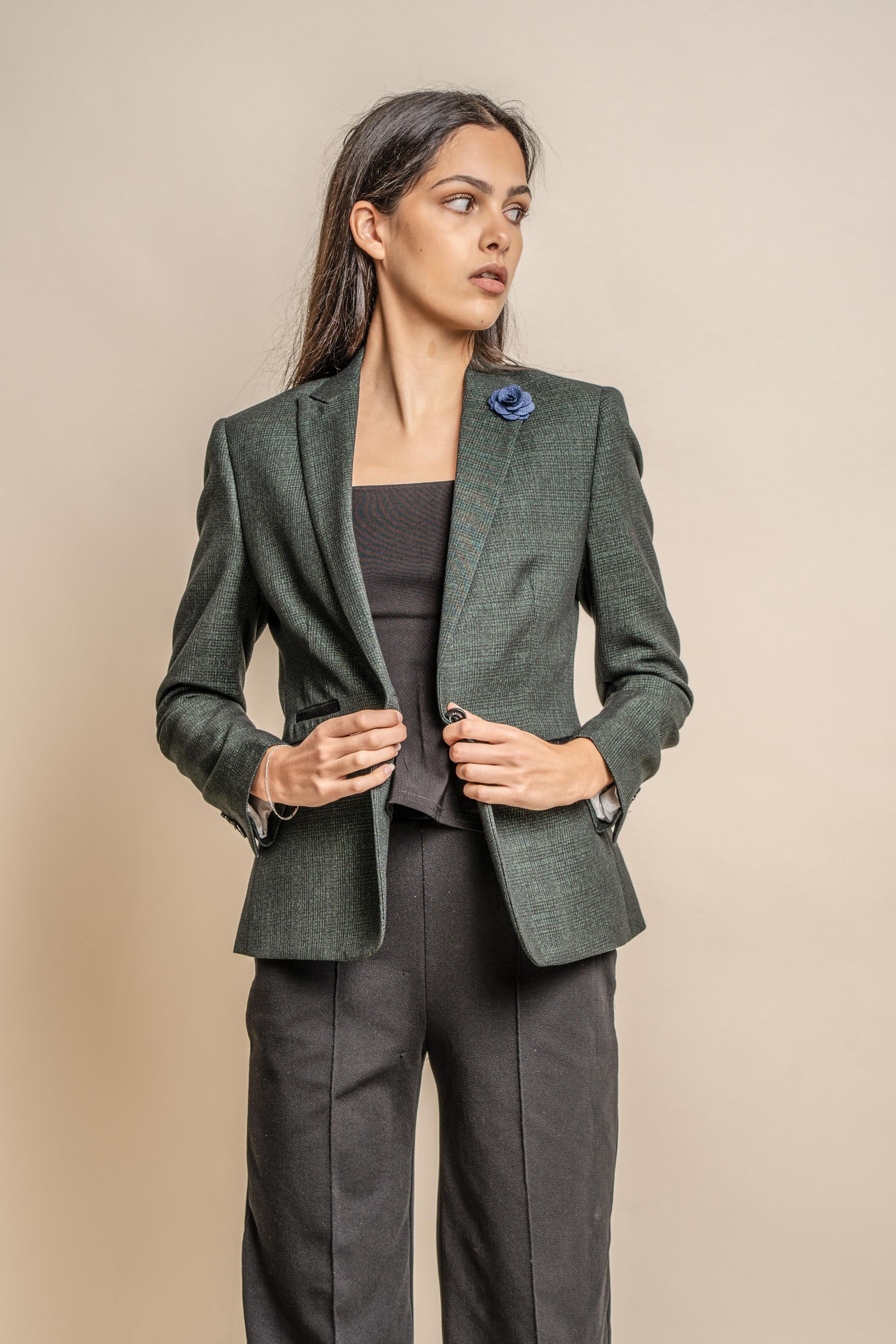 Blazer entallado de cuadro Glen para mujer - CARIDI - Verde oliva