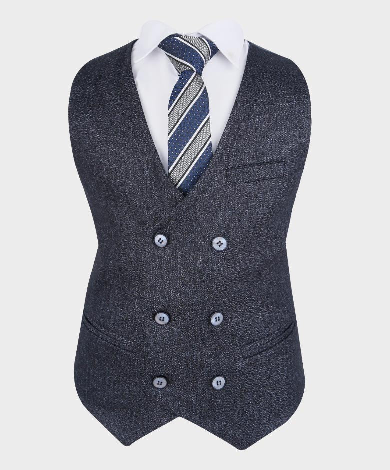 Boys Tailored Fit Herringbone Patterned Suit - TONY - Navy Blue- Grey