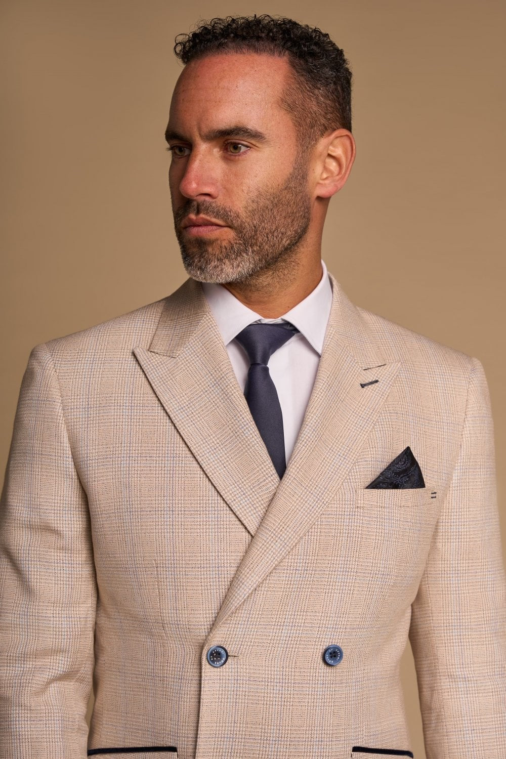Men's 2-Piece Glen Check Double Breasted Suit - CARIDI - Beige