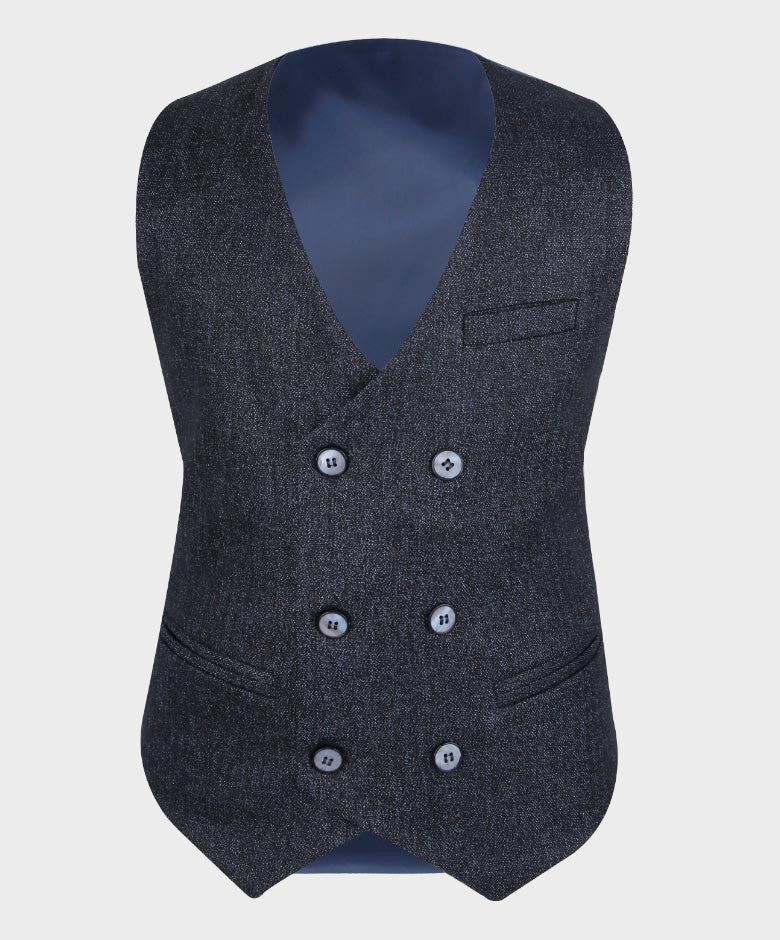 Boys Tailored Fit Herringbone Patterned Suit - TONY - Navy Blue- Grey