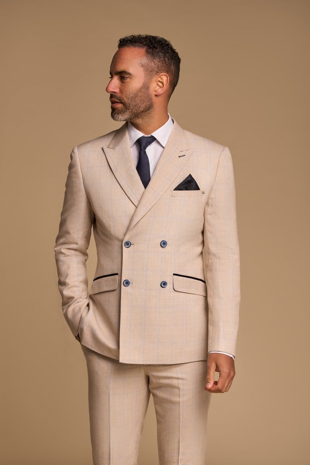 Men's 2-Piece Glen Check Double Breasted Suit - CARIDI - Beige