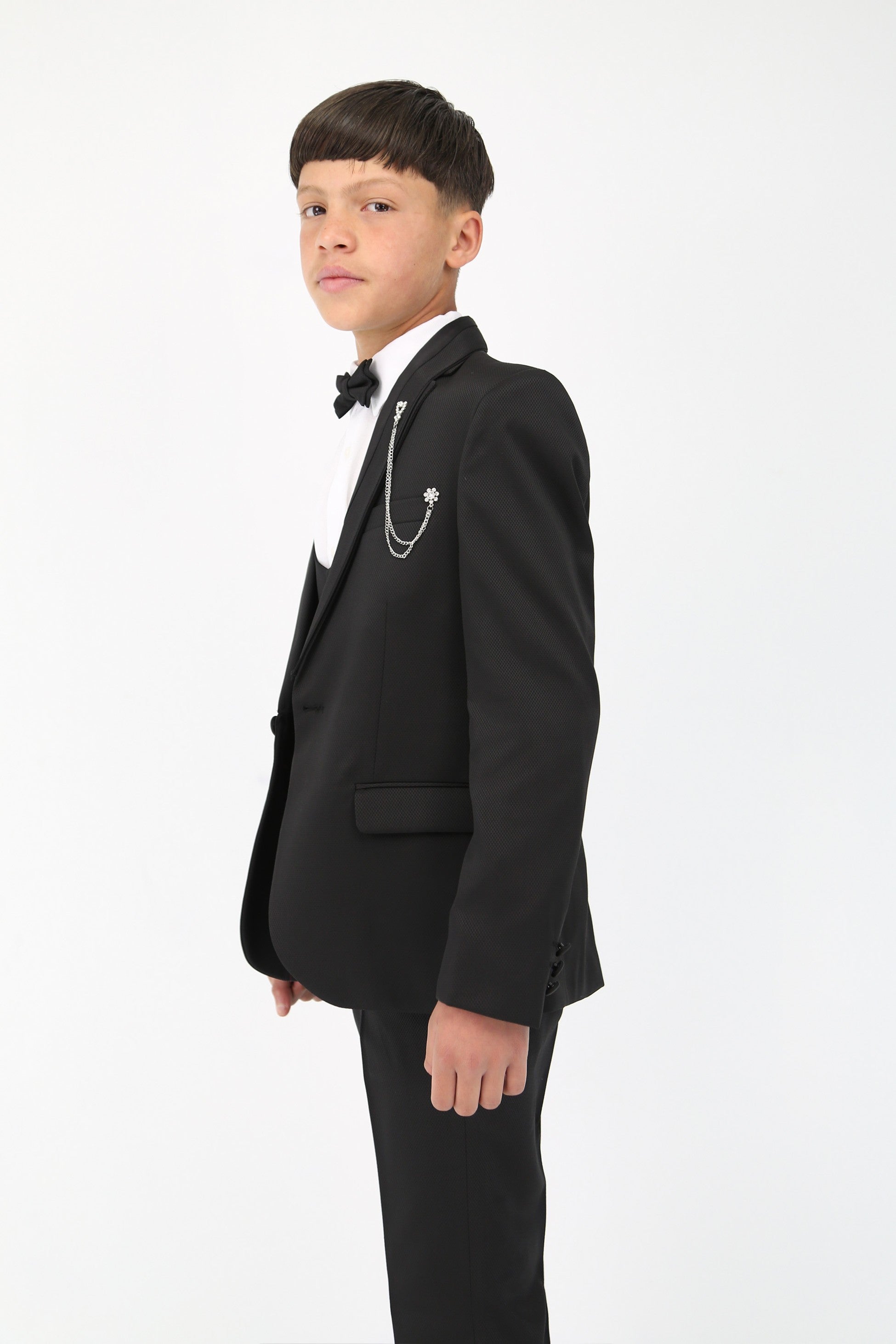 Boys 6-Piece Self-Patterned Tuxedo Dinner Suit - Black