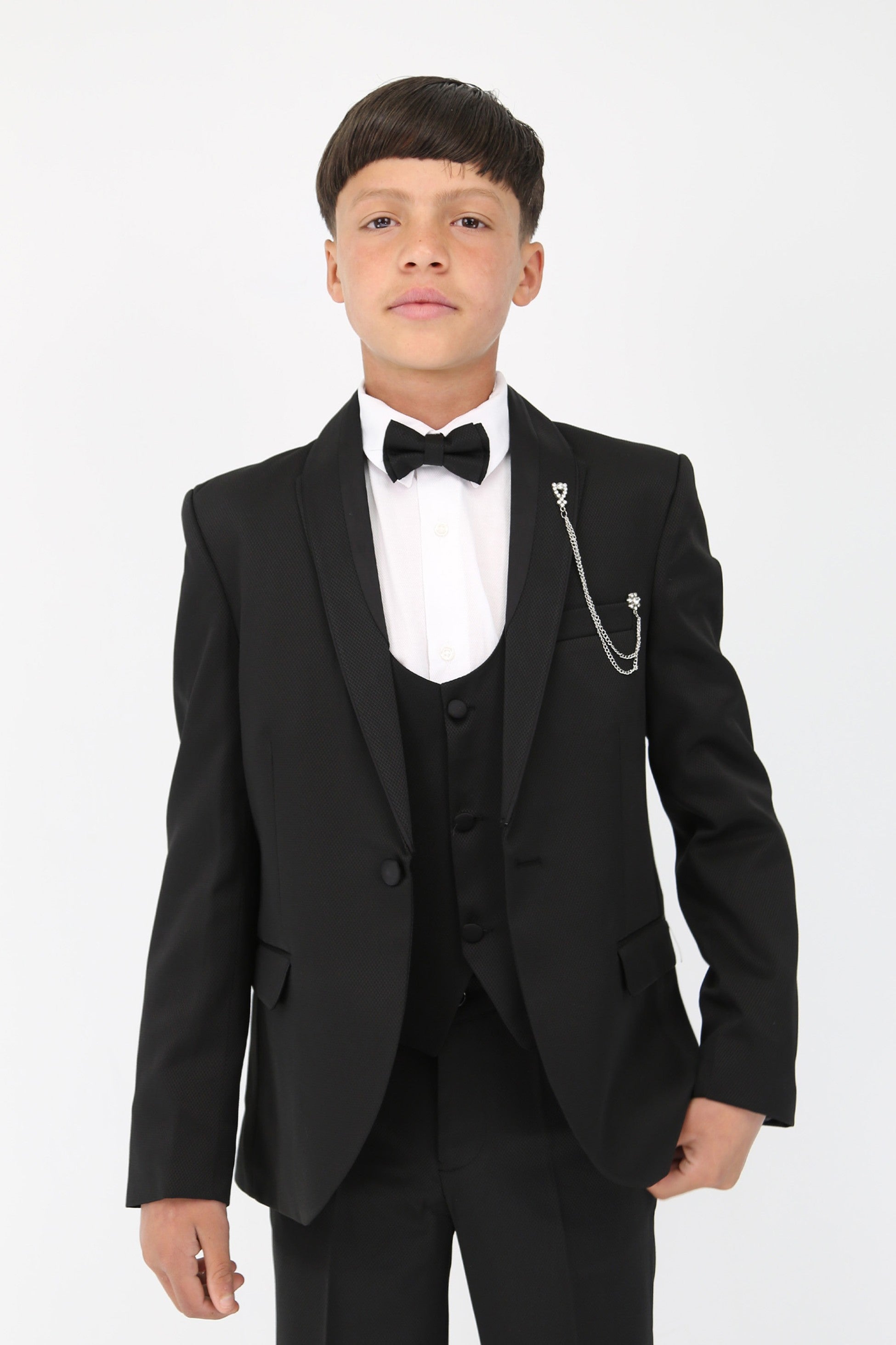 Boys 6-Piece Self-Patterned Tuxedo Dinner Suit - Black