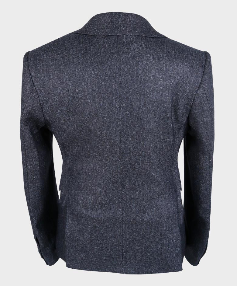 Boys Tailored Fit Herringbone Patterned Suit - TONY - Navy Blue- Grey