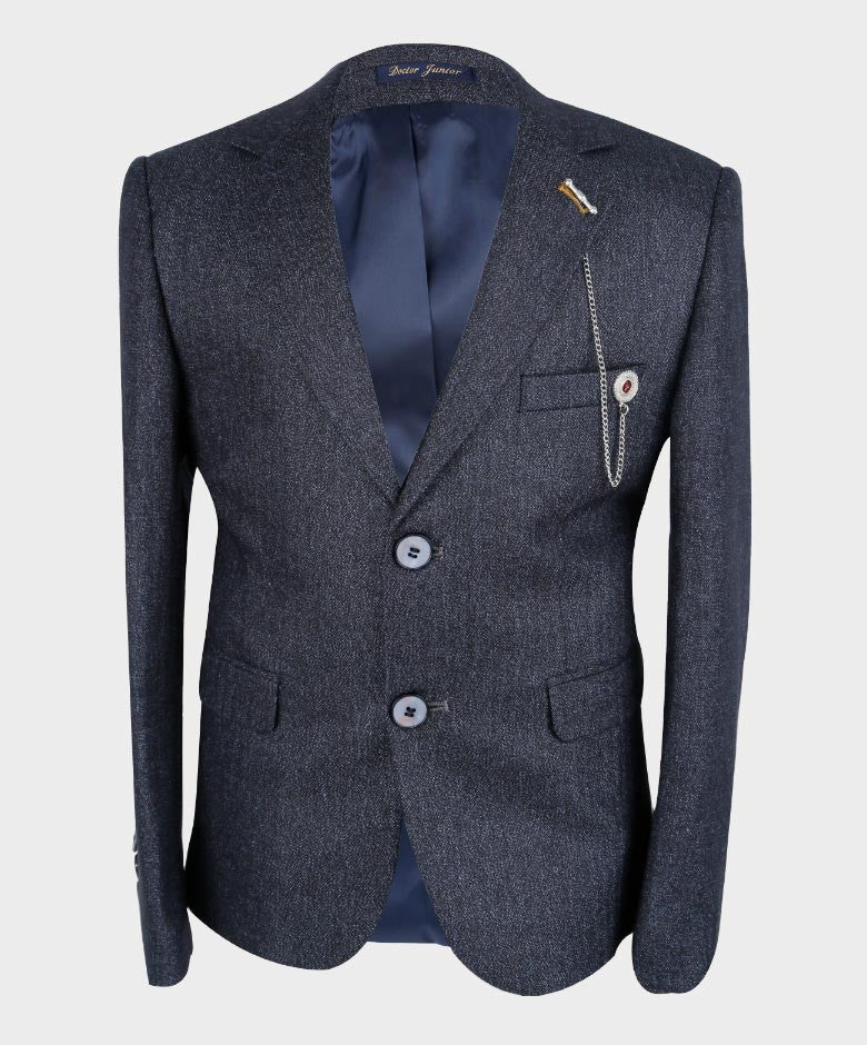 Boys Tailored Fit Herringbone Patterned Suit - TONY - Navy Blue- Grey